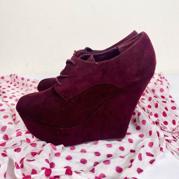 Steve Madden Burgundy Platform retro Wedge Shoes sz 9M faux suede - Picture 1 of 8